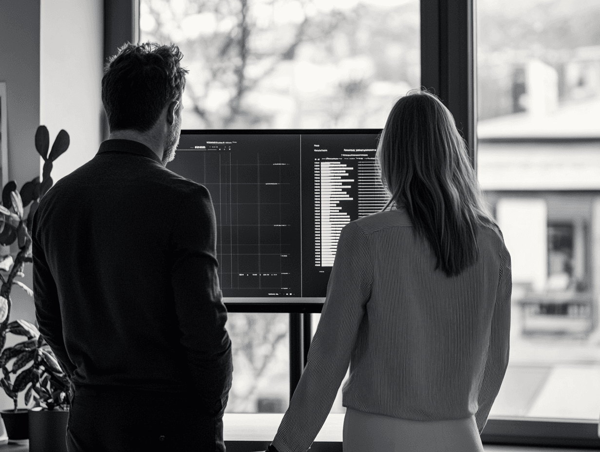 Two professionals reviewing data on a monitor in a modern office