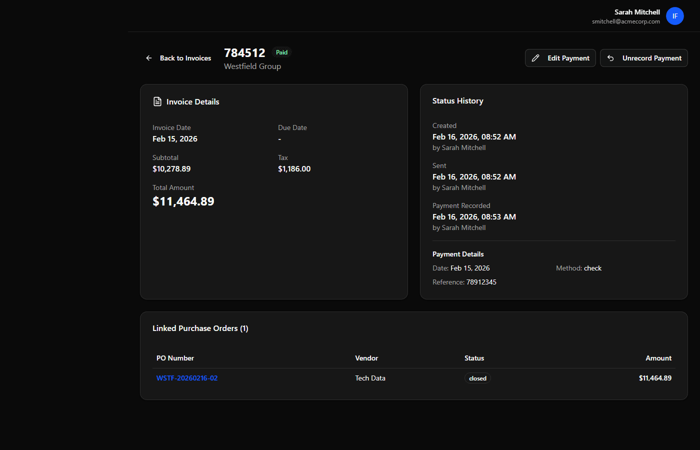 Invoice detail view with payment status, linked purchase orders, and status history