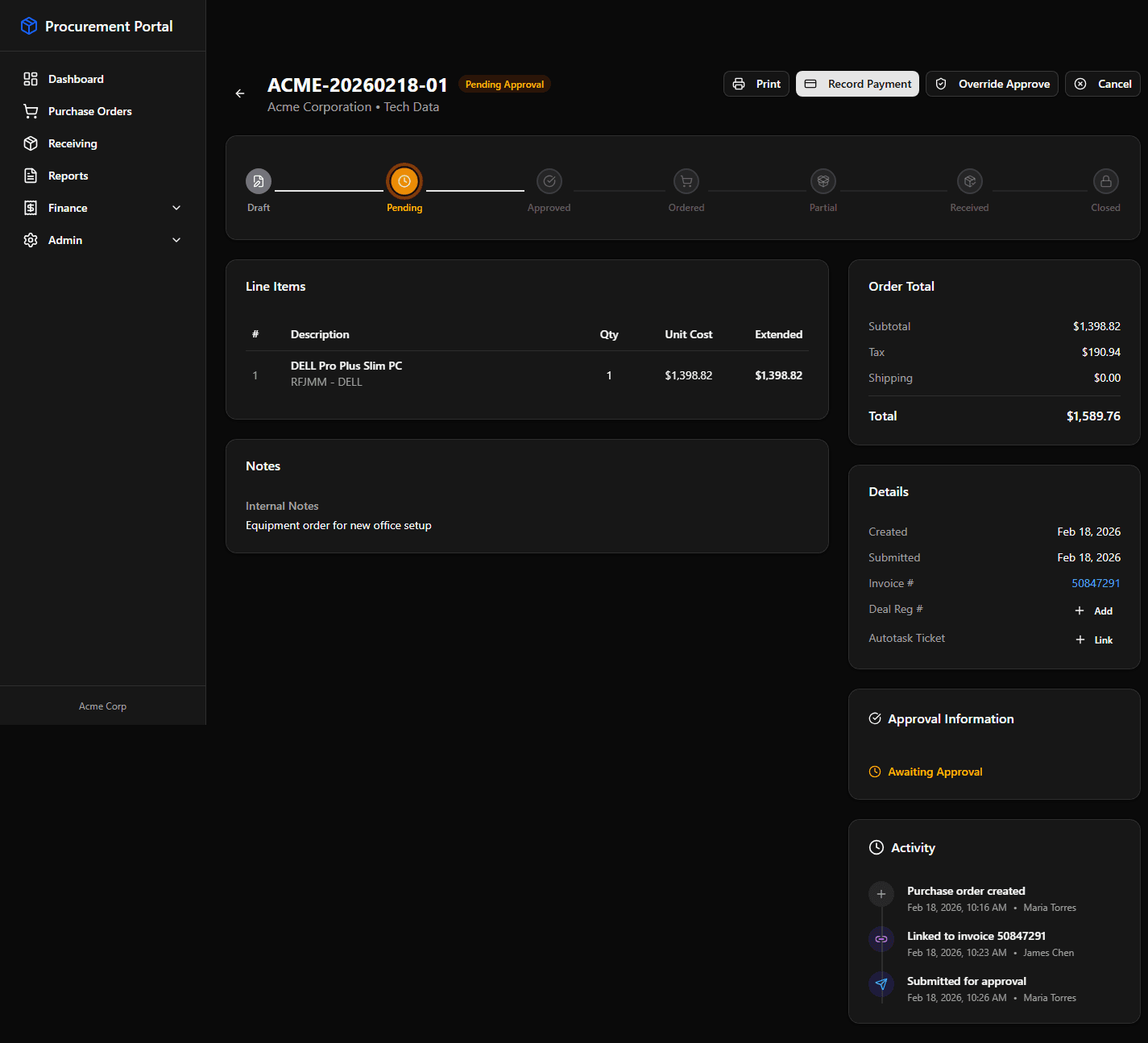 Purchase Order detail view with status pipeline, line items, and activity log